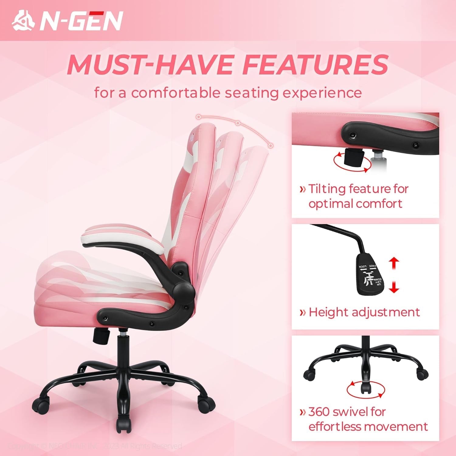 Pink Video Gaming Computer Chair showing tile height adjustment and 360 degree swivel features