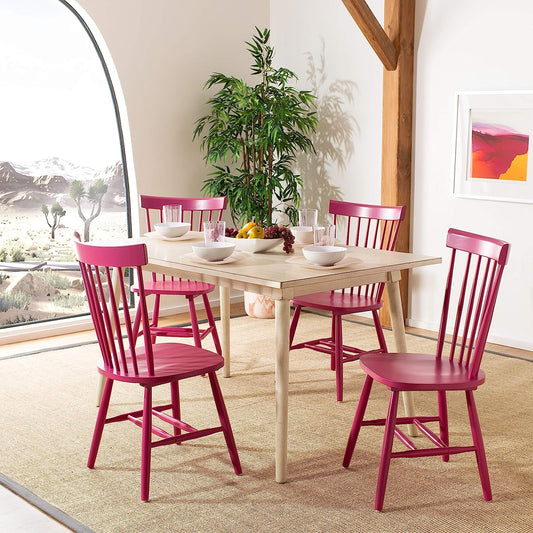 Raspberry Pink Wood Spindle Kitchen Side Chair Set at kitchen table set with dishes and fruit