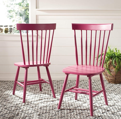 Raspberry Pink Wood Spindle Living Room Side Chair Set in living room with carpeted floor